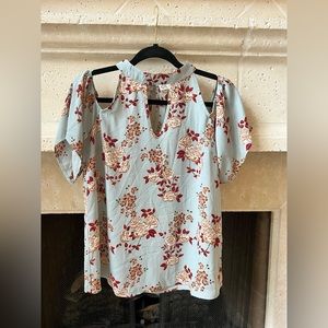 Blue high neck floral off the shoulder top